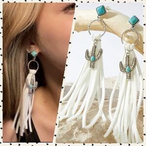 2/$30🌵 White Faux Leather Tassel Fringe Cactus Faux Turquoise Stone Earrings